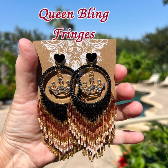 Handmade Beaded Queen Long Fringe Dangle Drop Lightweight Post Hoop Earrings - Picture 10 of 10